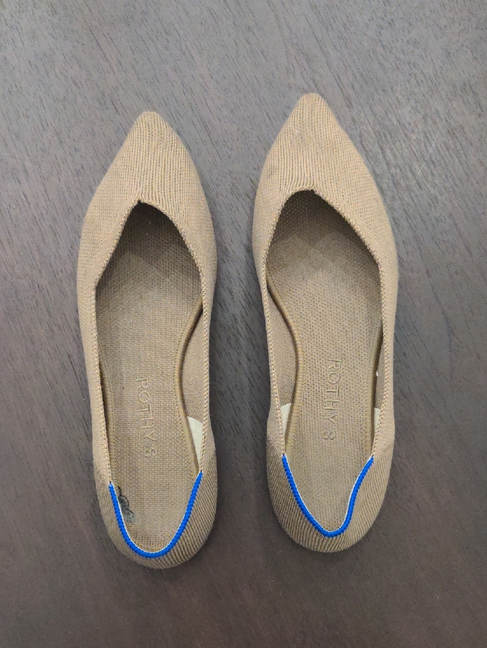 Rothy's Tan Pointed Knit Slip-On Flats with Blue Trim